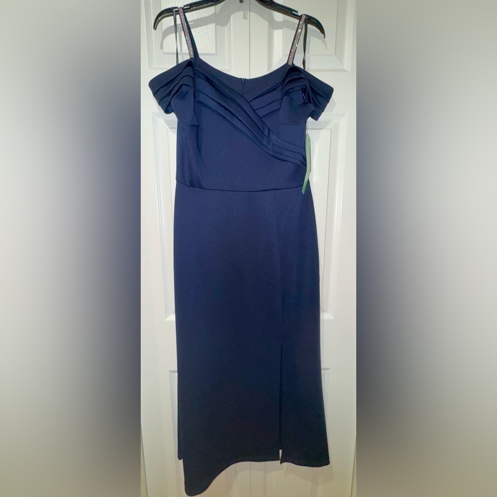 Alexa B Nights Elegant Navy Blue Off-Shoulder rhinestone strap gown Sz. 12P NWT